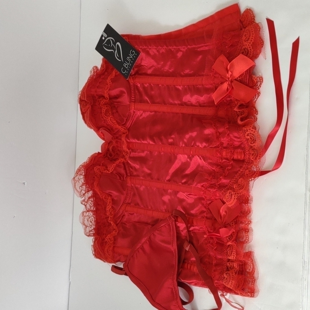 C Bling Intimates red woman's baby doll Lacey hook up corset with bones